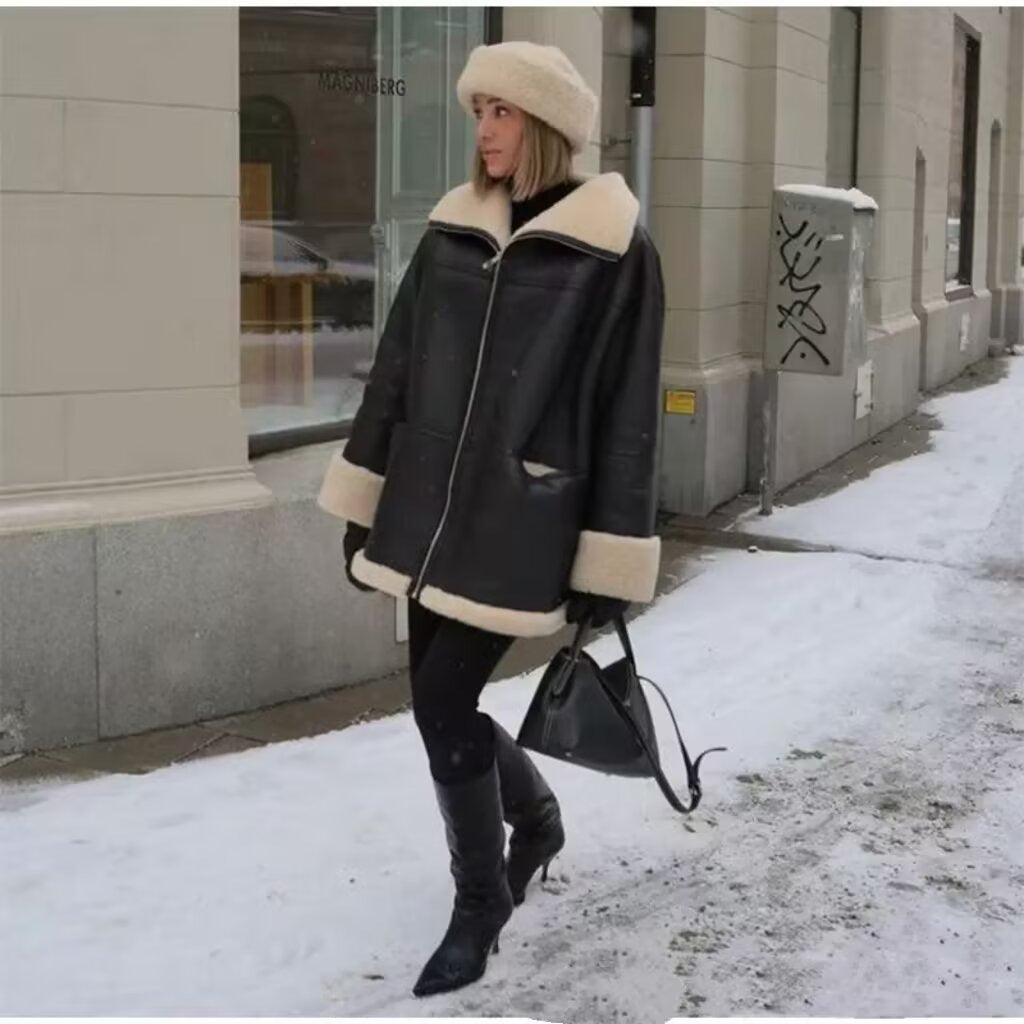 Women's Fashion Cashmere Leather Fur Collar Composite Coats