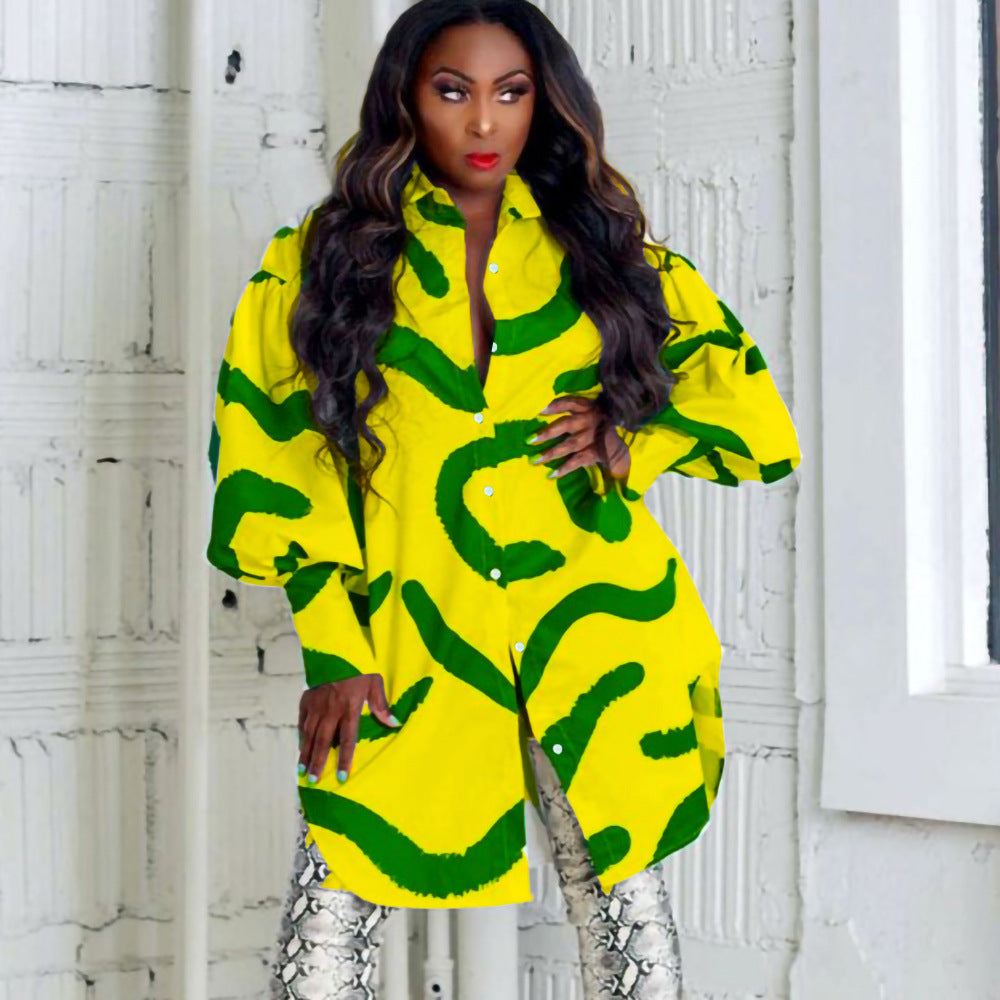 Loose Temperament Commuter Printing Lapel Shirt Dress