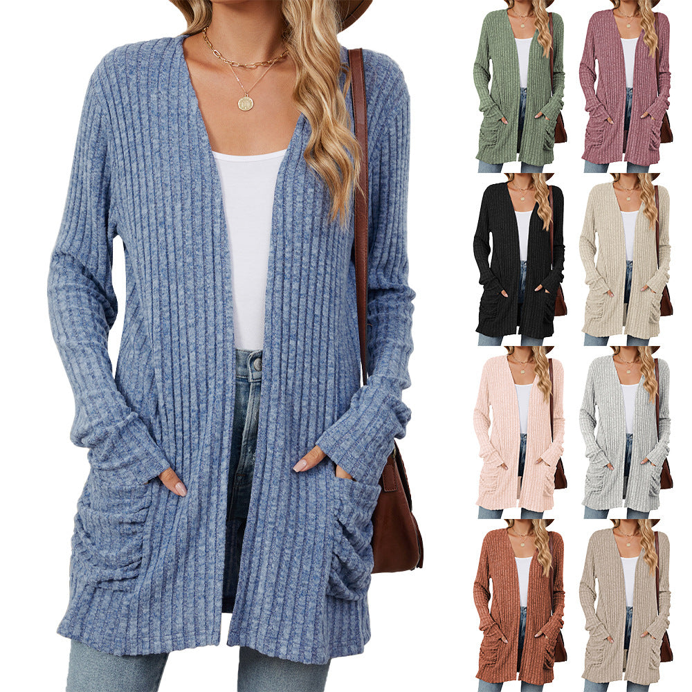 Solid Color Pocket Long Sleeve Bottoming Knitwear
