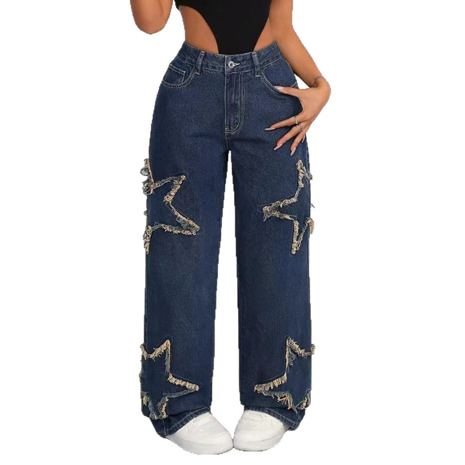 Women's Patch Pentagram Tassel Loose Burrs Straight Jeans