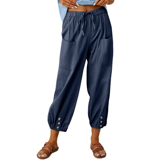 Women's Loose High Waist Button Cotton Linen Pants