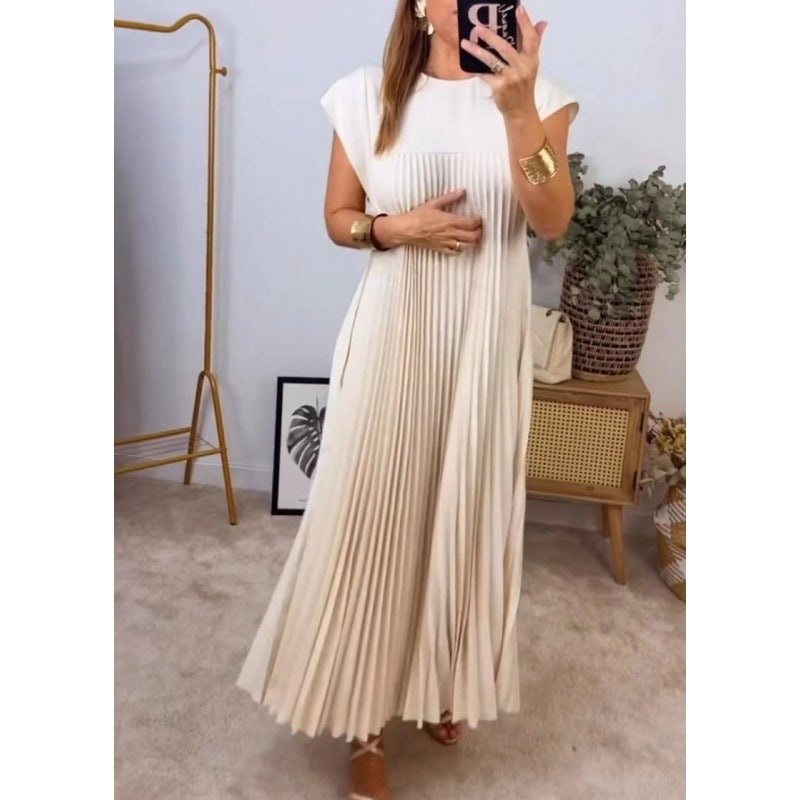 Women's Fashion Round Neck Sleeveless Pleated Dress Dresses