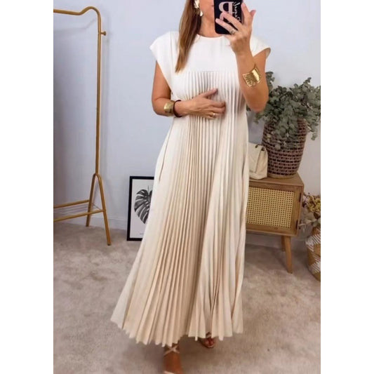 Women's Fashion Round Neck Sleeveless Pleated Dress Dresses
