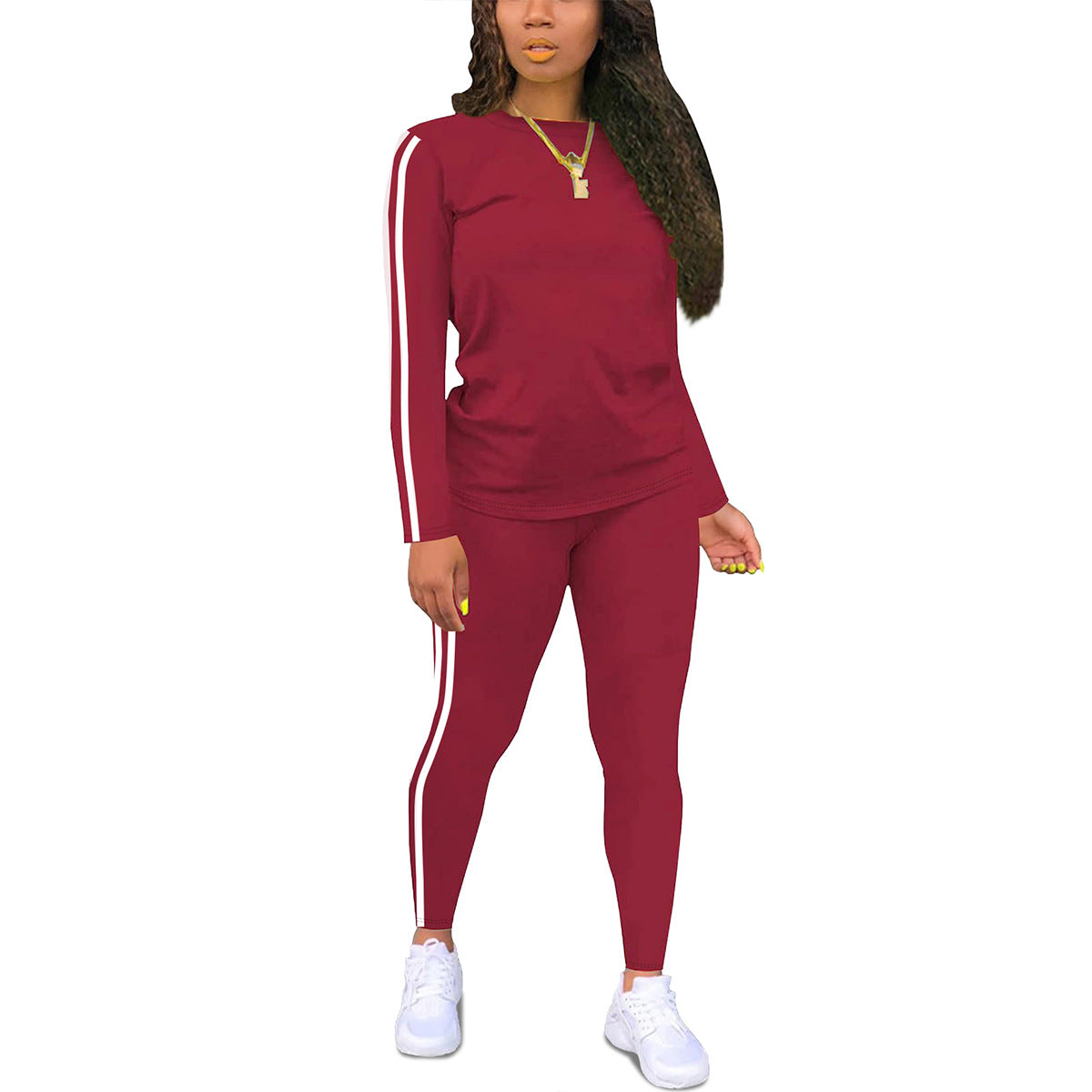 Women's Round Neck Long Sleeve Patch Trousers Side Fashion Casual Suit