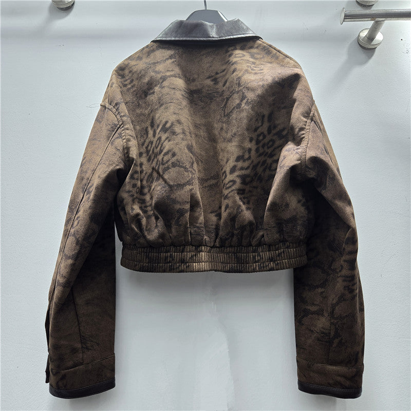 Women's Autumn Personality Leopard Splicing Leather Temperament Coats
