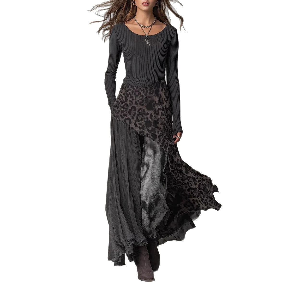 Stitching Leopard Print Elastic Waist Long Sleeve Big Hem Dress