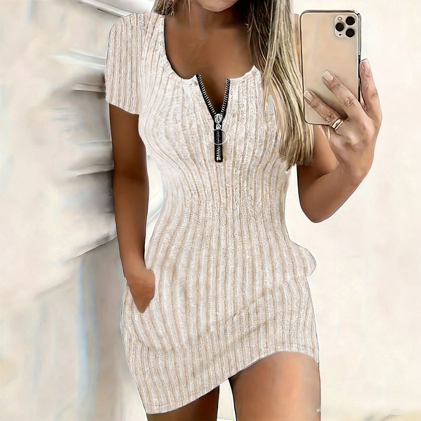 Women's Summer Solid Color Zipper Skinny Sheath Sleeve Dress