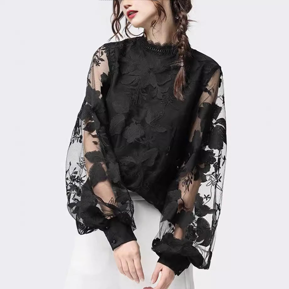 Women's Lace Puff Sleeve Transparent Round Neck Solid Blouses