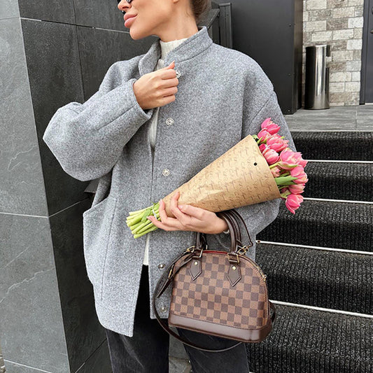Women's Loose Street Gray Woolen Winter Fashion Mid-length Coats