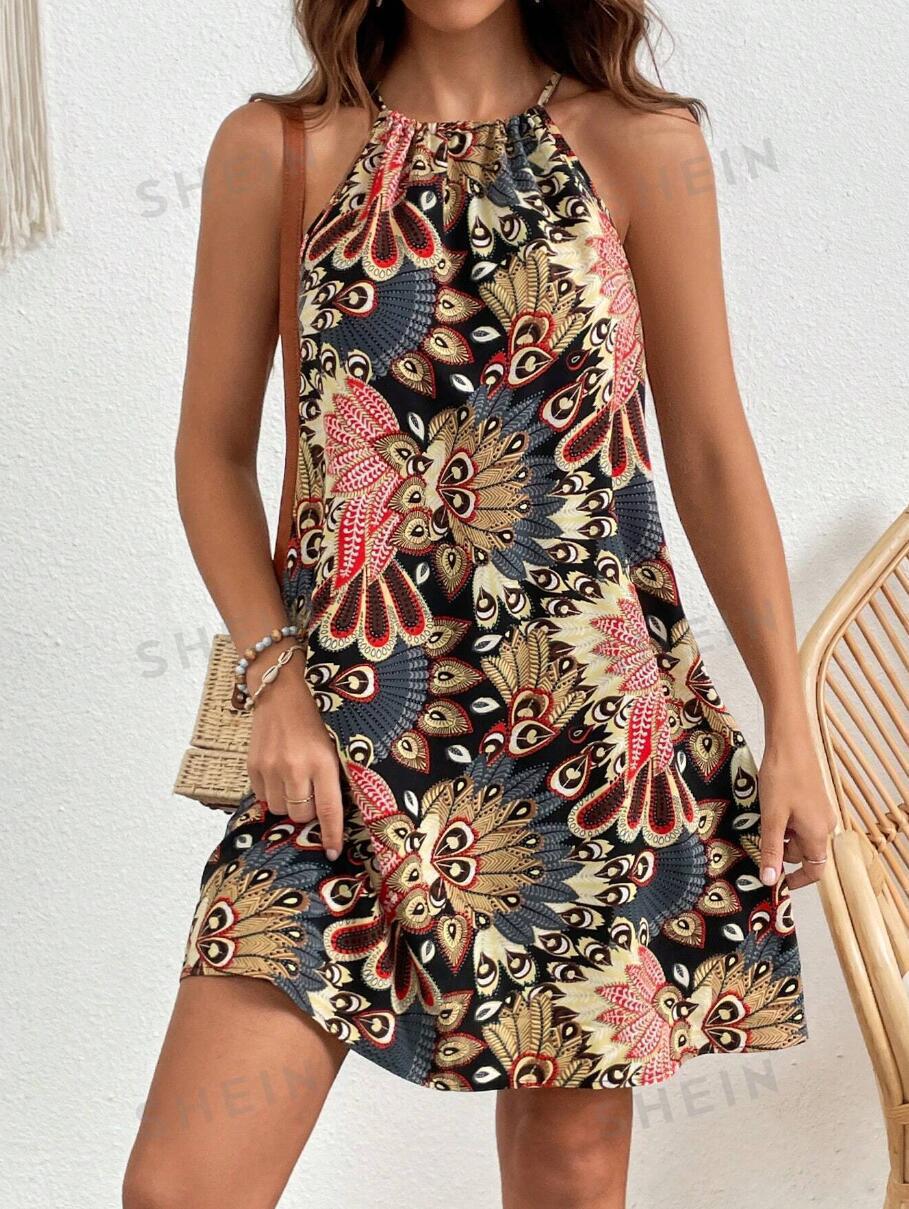 Women's Feather Print Halter Spaghetti Straps Vacation Dress
