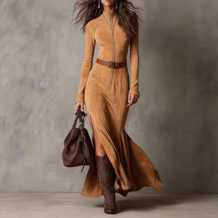 Quality Double-sided Cashmere Elegant Graceful Zipped Stand Collar Waist Dress