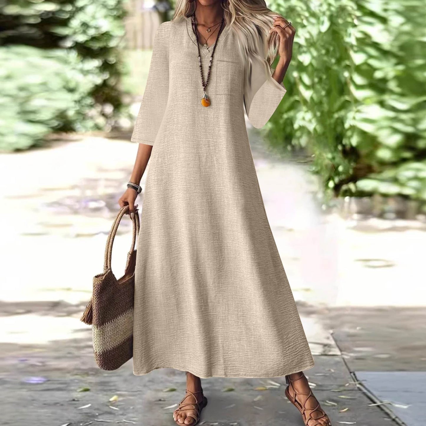 Zipper Sleeve Cotton Linen Solid Color Dress