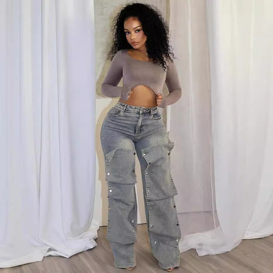 Women's Straight Autumn Street Hipster Detachable Button Jeans