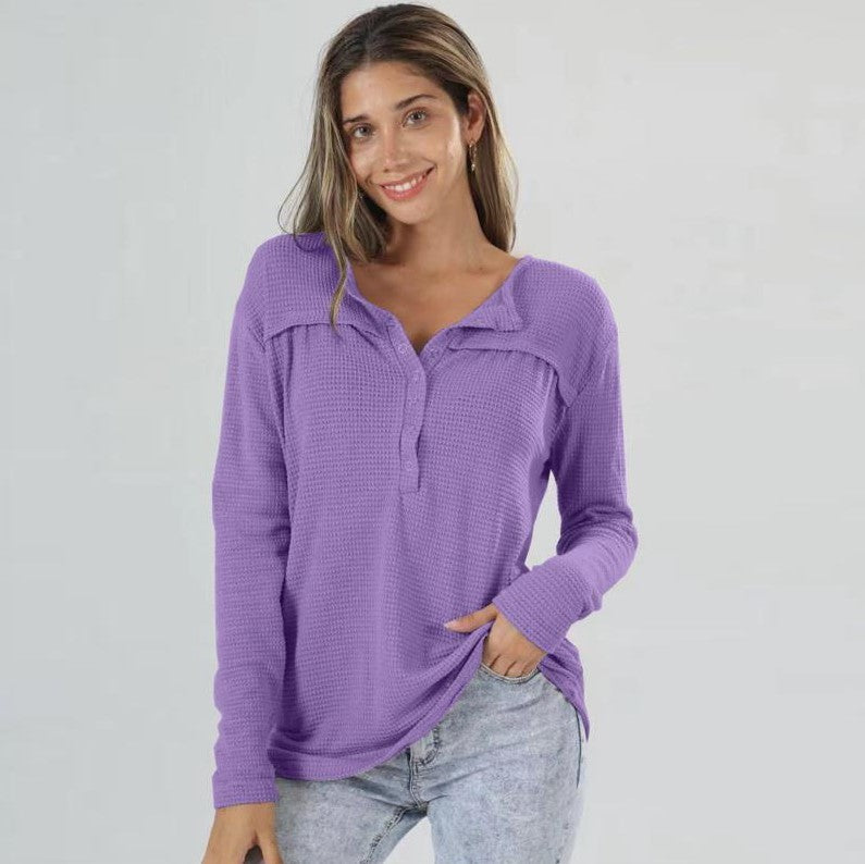 Women's Waffle Autumn Loose Button Long Sleeve Tops