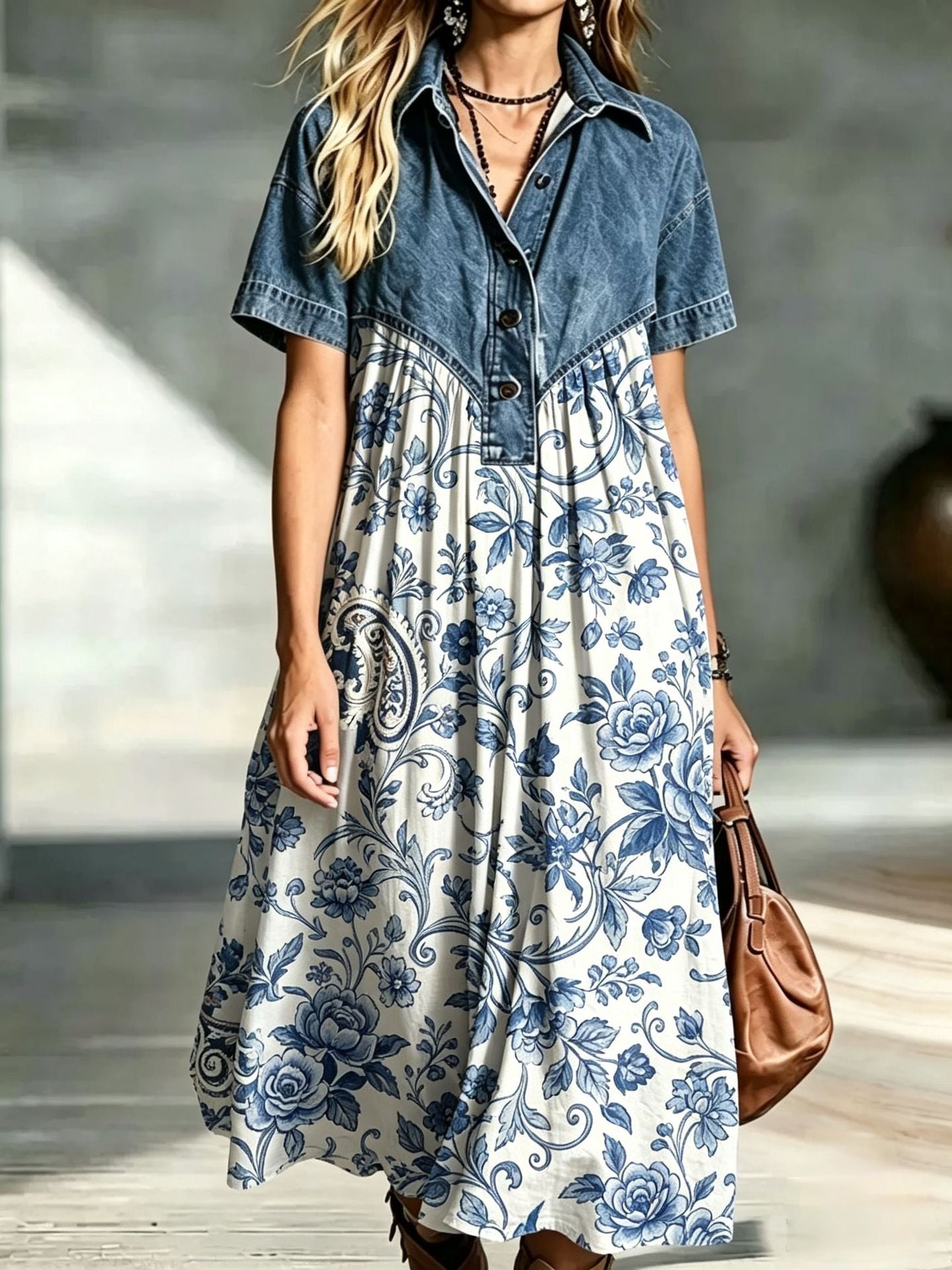 Women's Casual Fashion Denim Stitching Loose Retro Dress