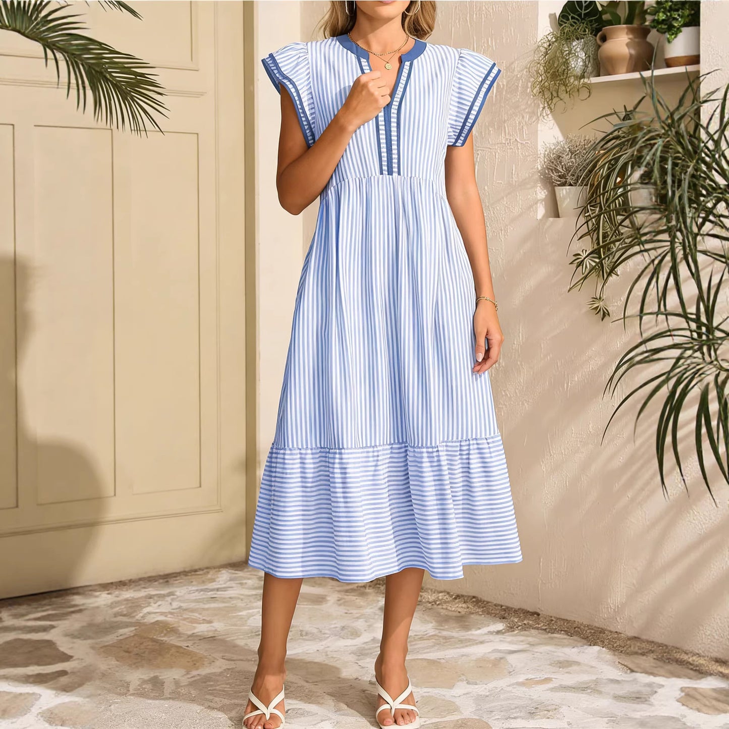 Women's Fashion Striped Double Frill Sleeve Contrast Dress