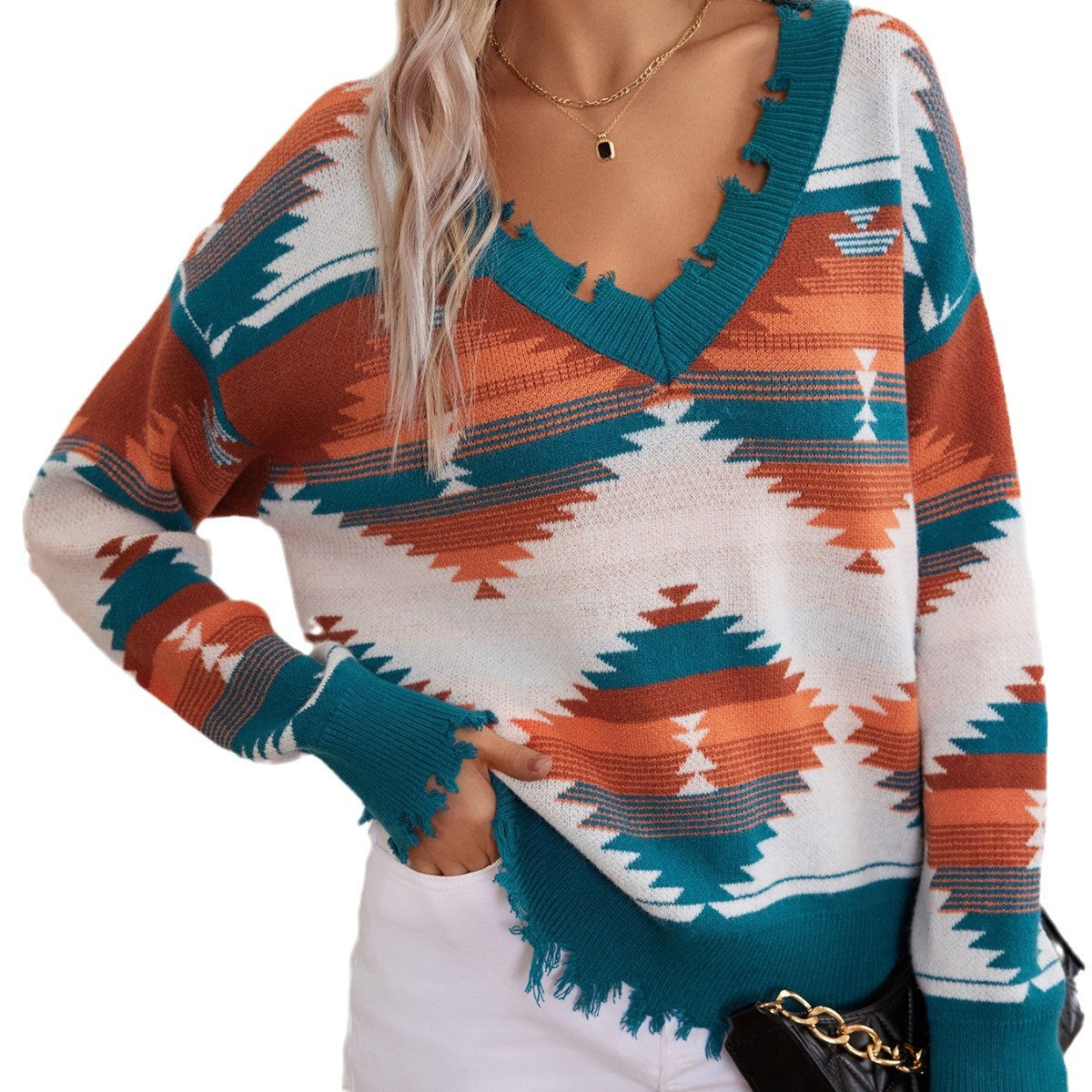 Pruning Shear Broken Knitted Geometric Pattern Jacquard Pullover Long Sleeve Women's Sweater