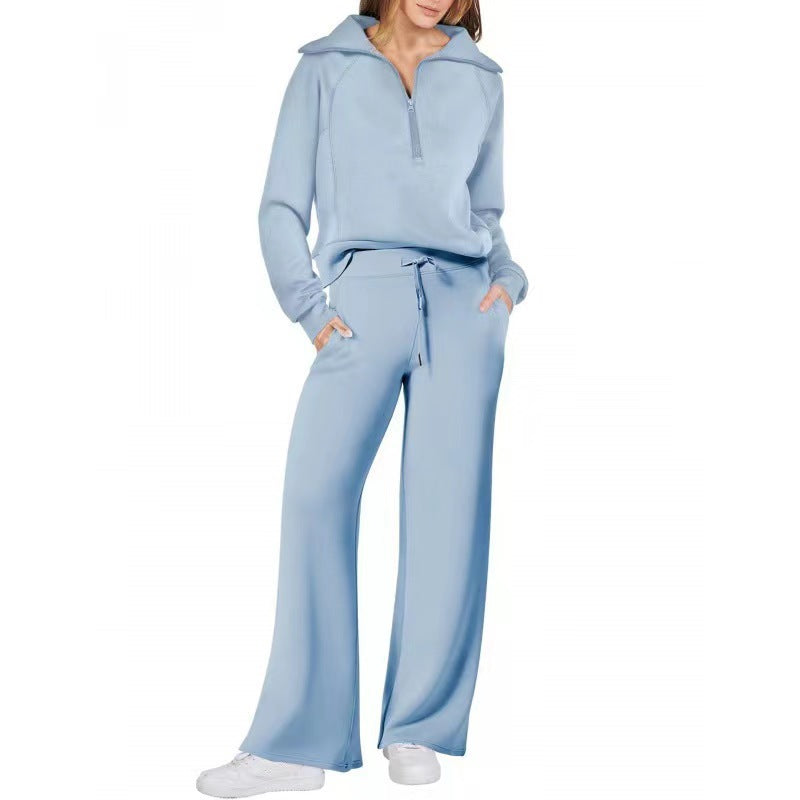Women's Exercise Zipper Sweatshirt Wide Leg Pants