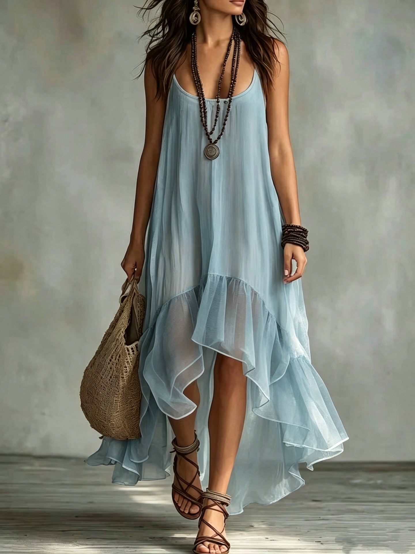 Hours Solid Color Sling Summer Casual Light Thin Mid-length Dress
