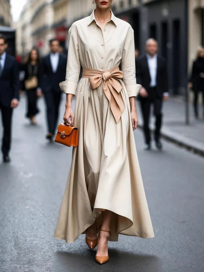 Women's Long Sleeve Pure Color Tied Lapel Dresses
