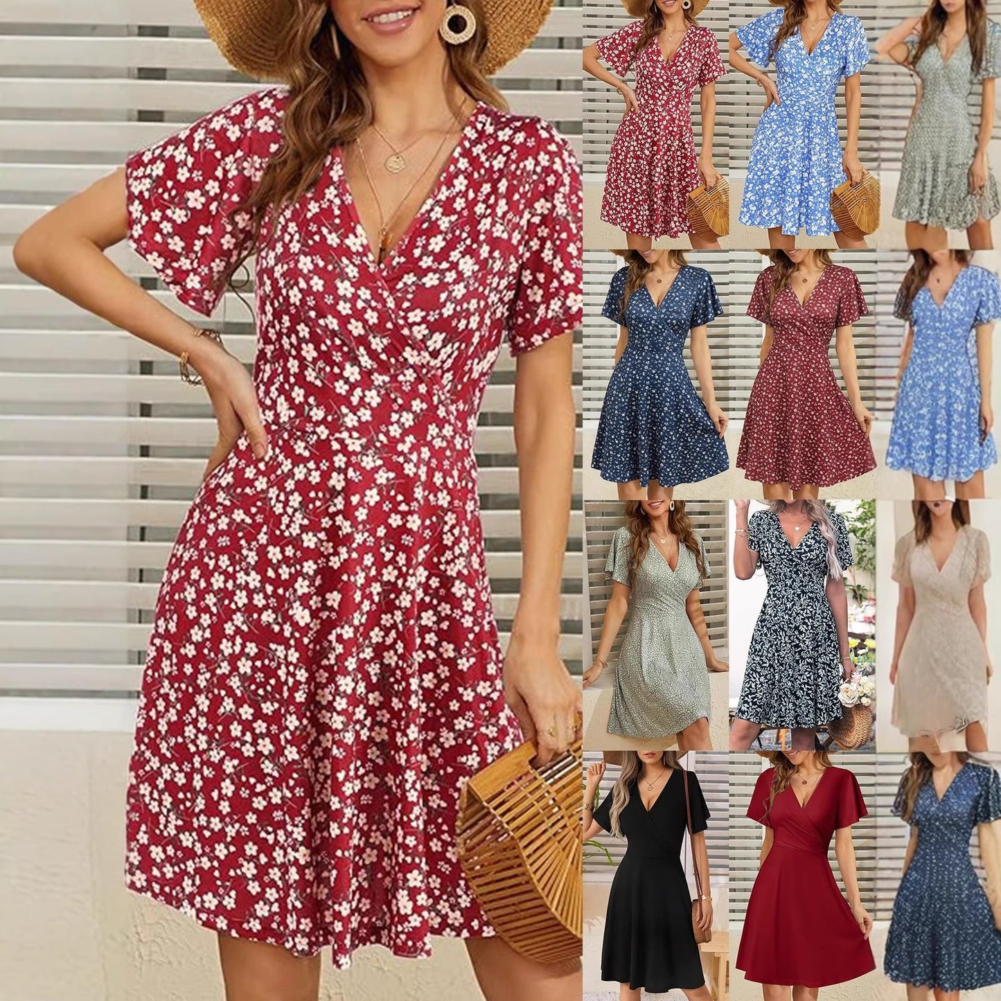 Women's Summer Fashion Floral Sleeve Wrap Collar Temperament Shorts