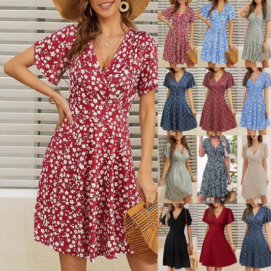 Women's Summer Fashion Floral Sleeve Wrap Collar Temperament Shorts