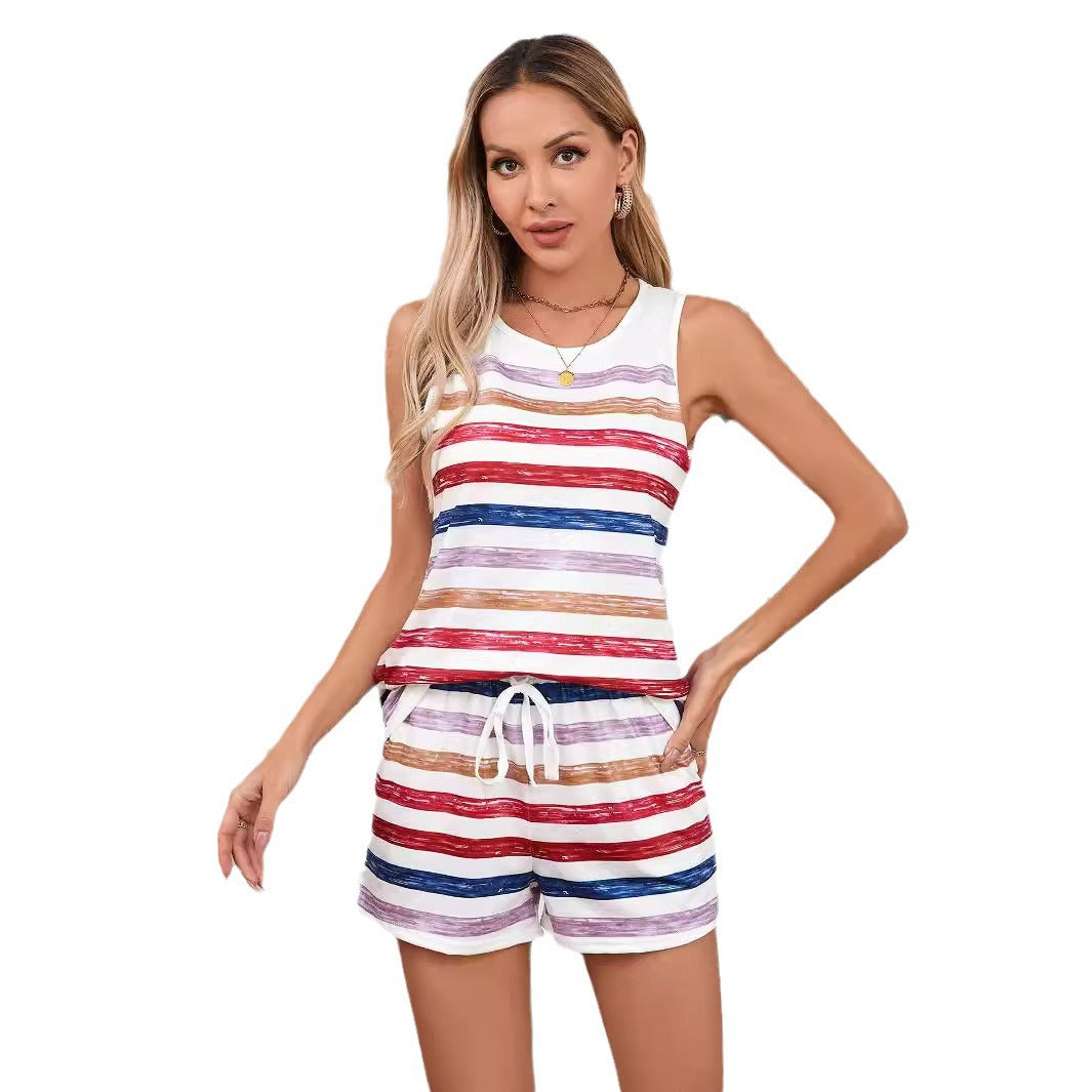 Women's Summer Striped Printed Round Neck Sleeveless T-shirt Shorts