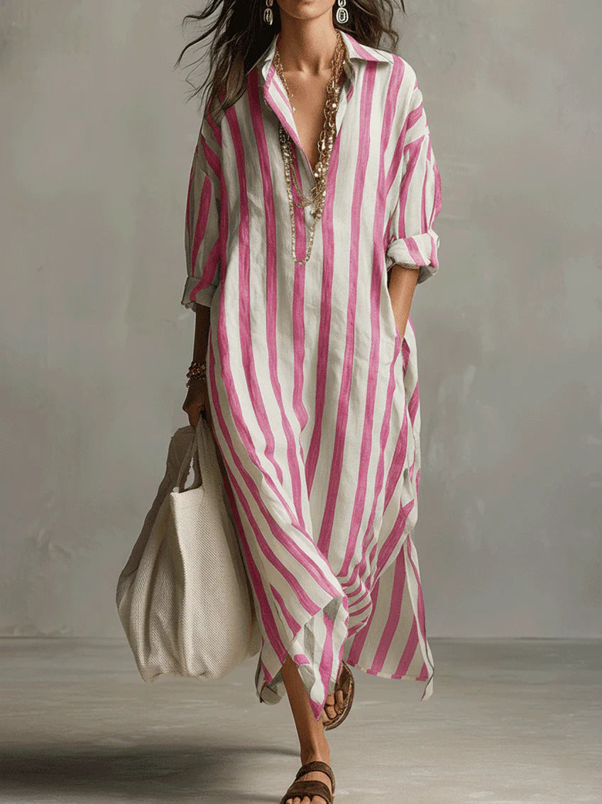 Women's Fashionable Loose Long Striped Summer Ninth Dress