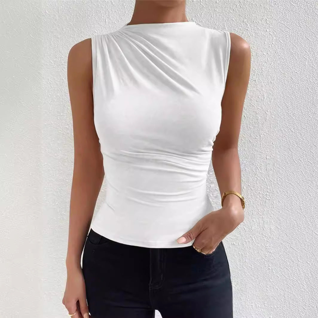 Women's Solid Color Pleated Sleeveless Pullover Half Blouses