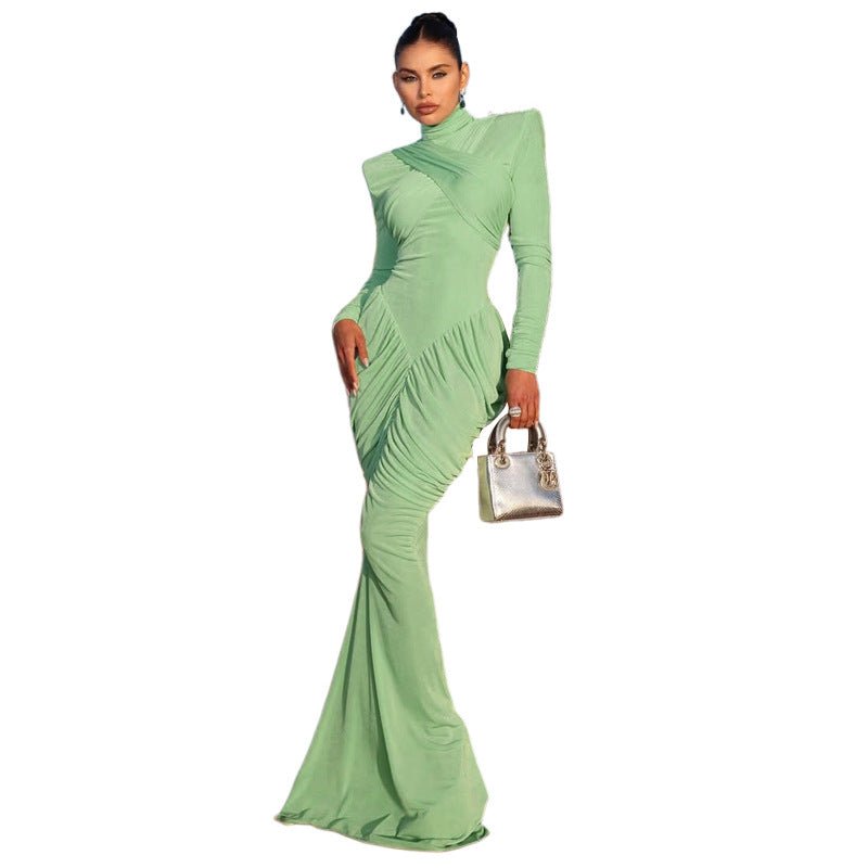 Women's Temperament High Collar Solid Color Long Dresses