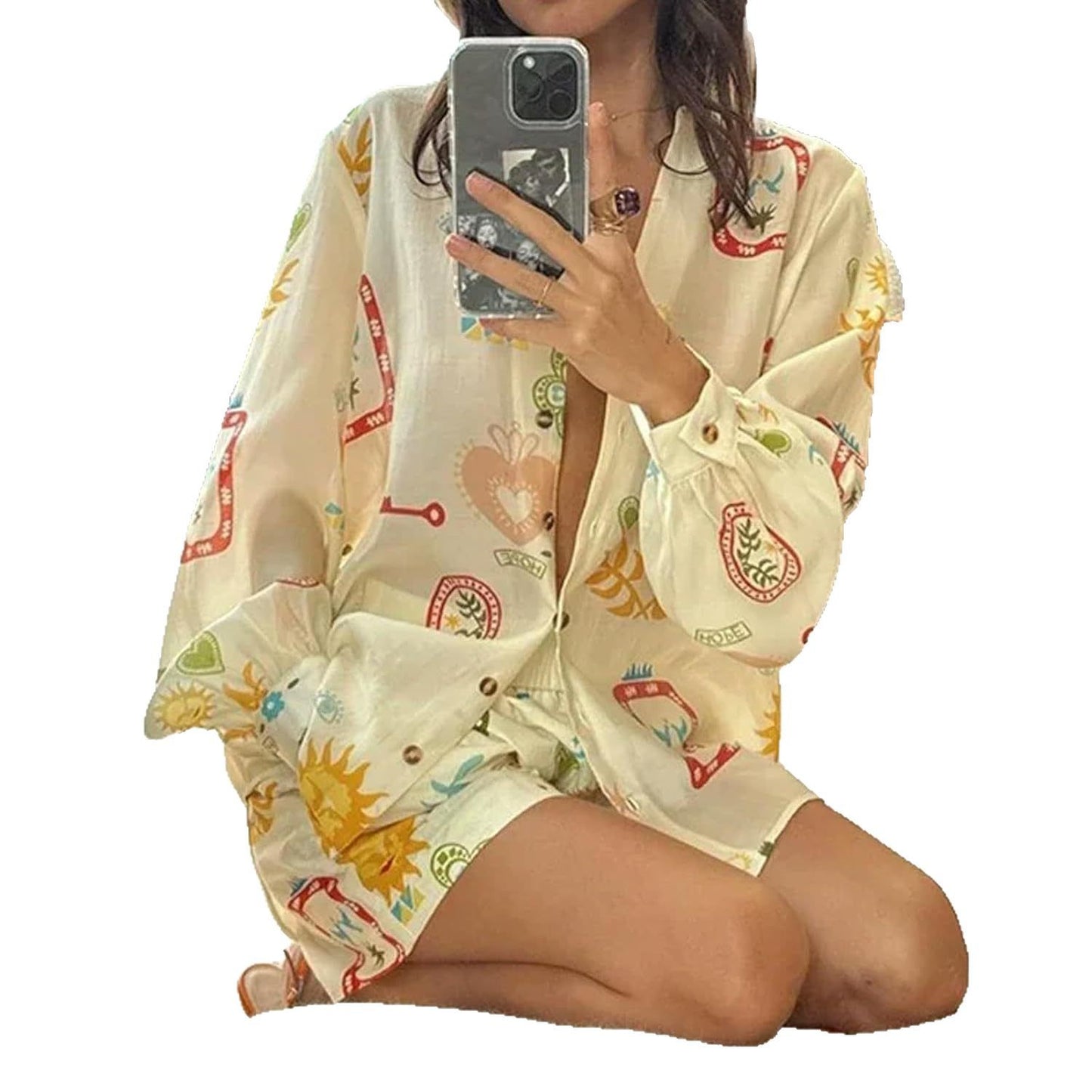 Women's Graceful Shirt Print Holiday Outfit Suits