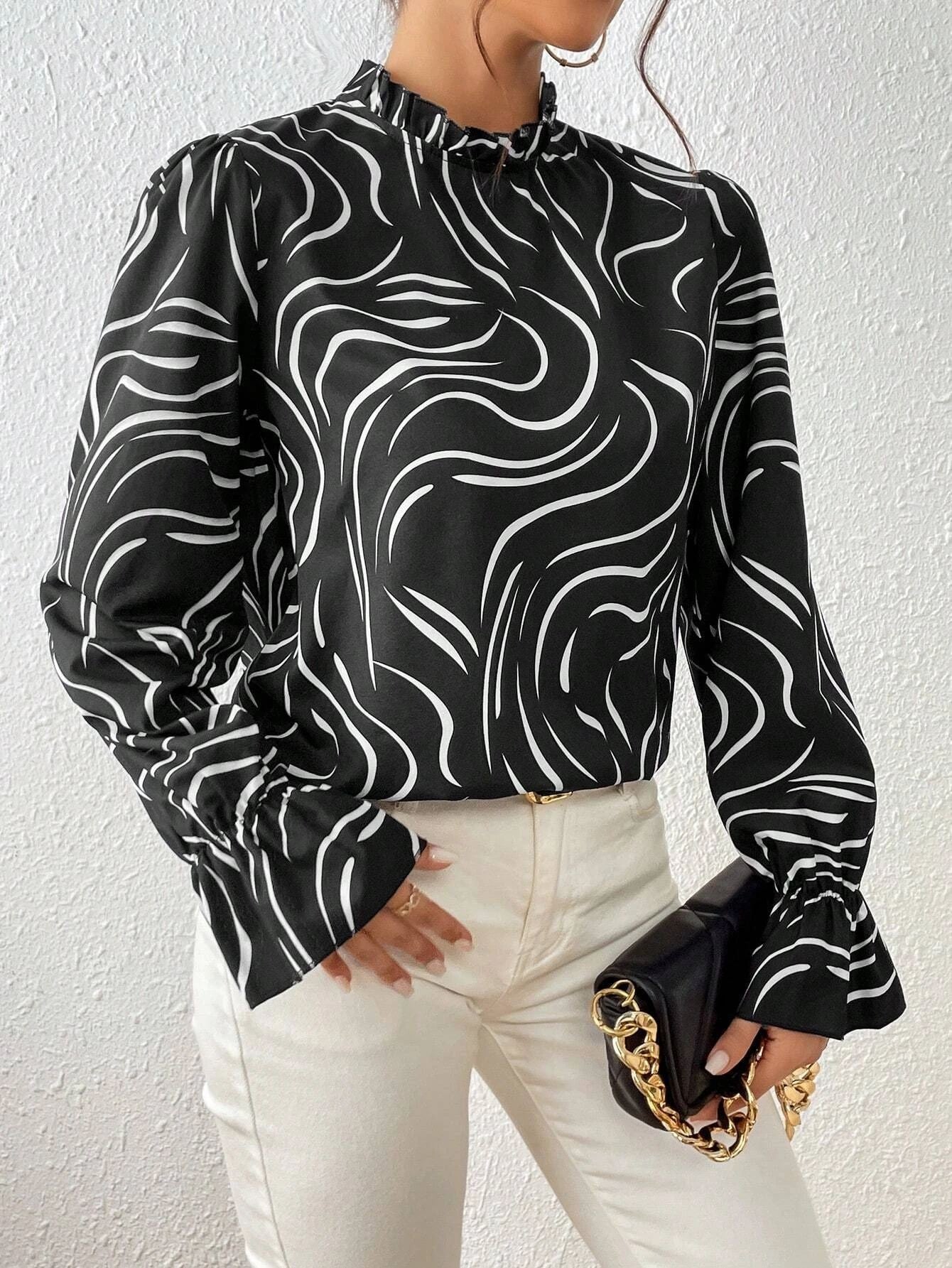 Women's Printed Ruffled Long Sleeve Collar Shirt Blouses