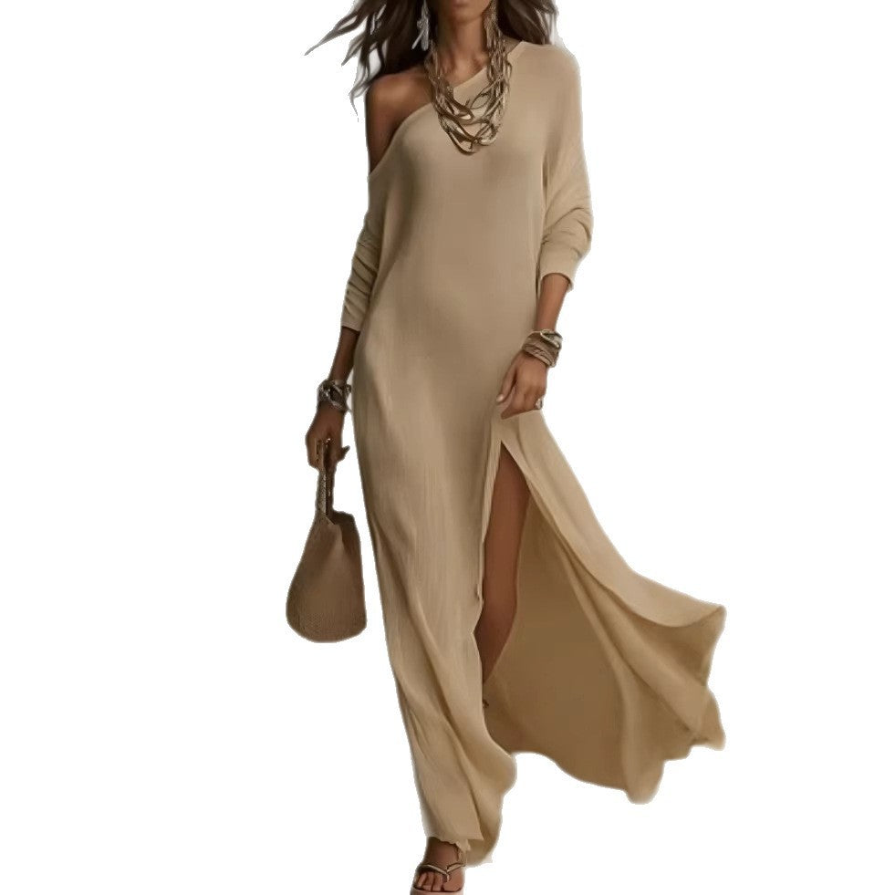 Women's Summer Elegant Long-sleeved Knitted Fold Split Dress