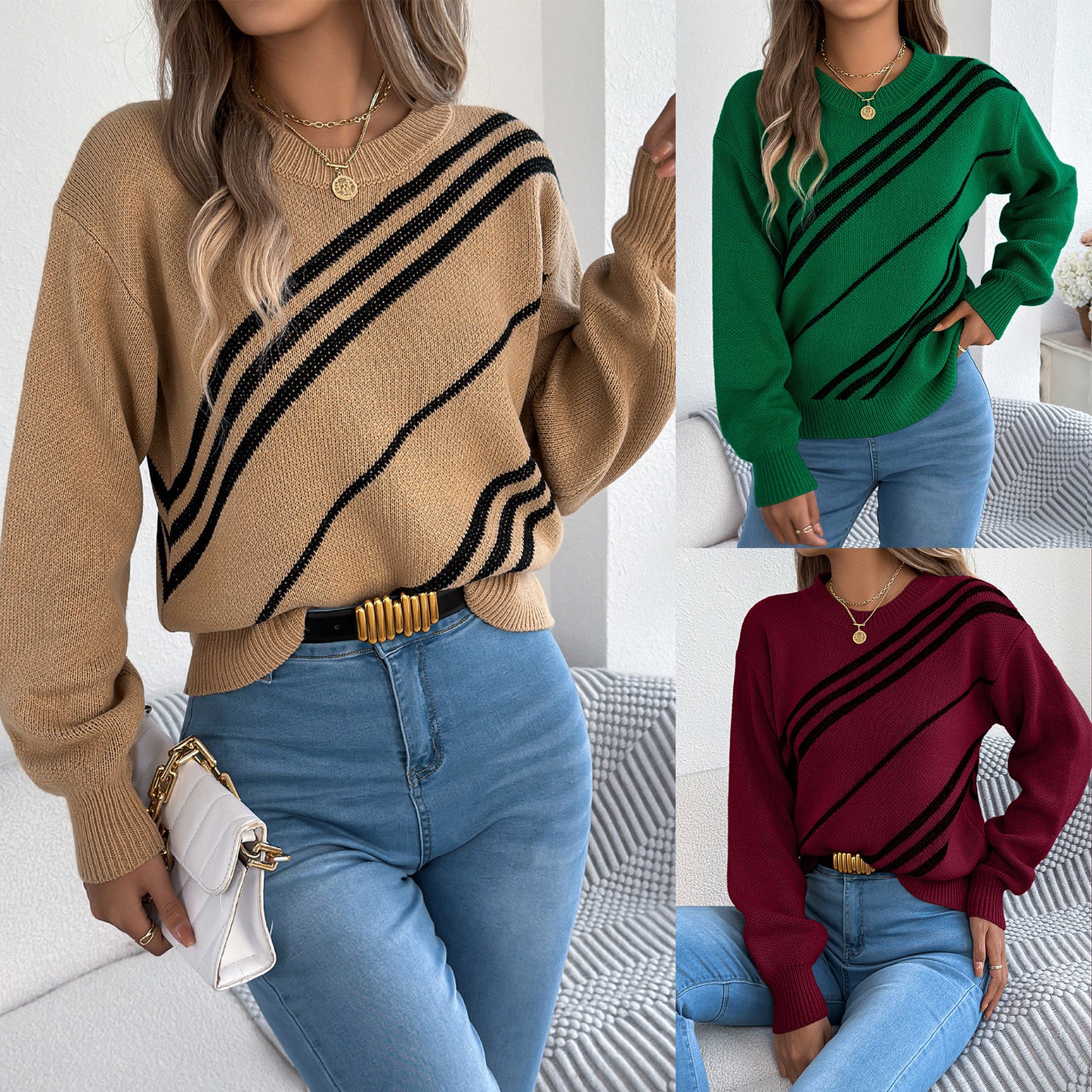 Women's Casual Striped Round Neck Lantern Long Clothing