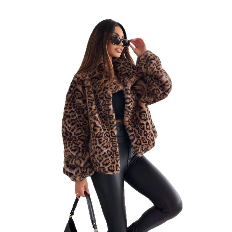 Fashion Personality Fur Leopard Print Lapel Coats