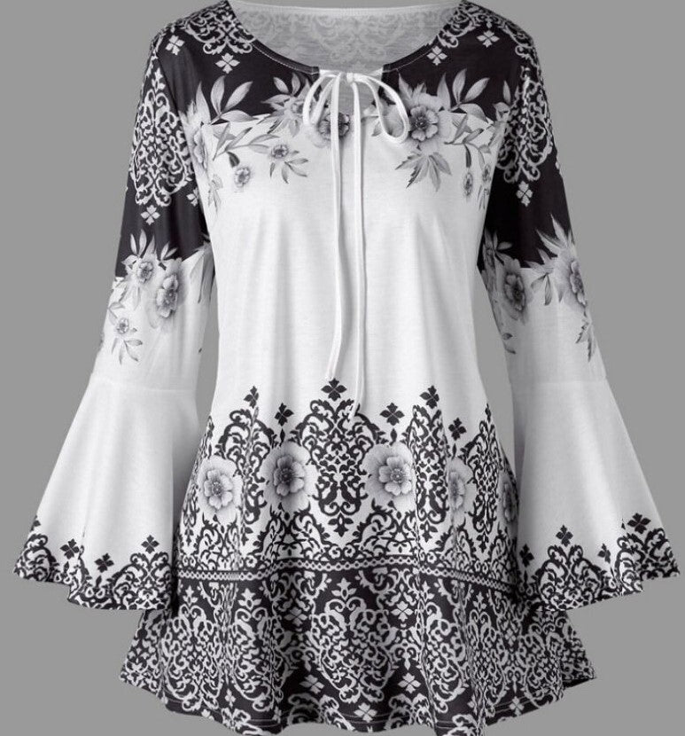 Women's Popular Print Long Horn Sleeve T-shirt Blouses