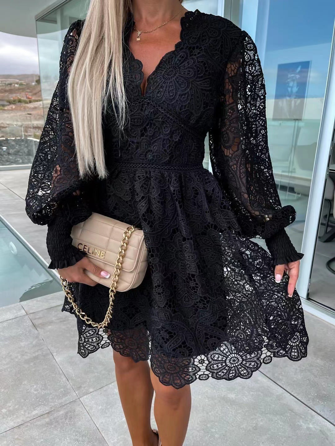Sexy Hollow Water-soluble Lace Temperament Commute Dresses
