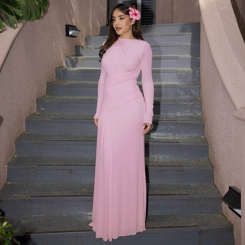 Winter Fashion Solid Color Round Neck Long Sleeve Pleated Elegant Dress