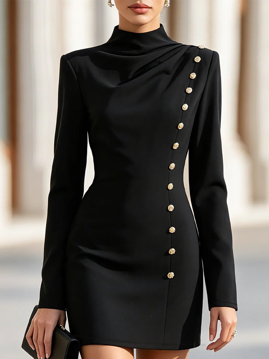 Half Turtleneck Pleated Slim Fit Metal Buckle Long Sleeve Skirts