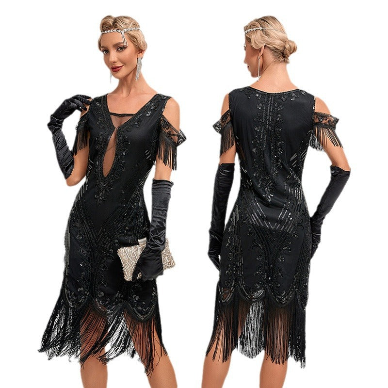 Retro Dance Party Embroidery Tassel Dress Plus Size