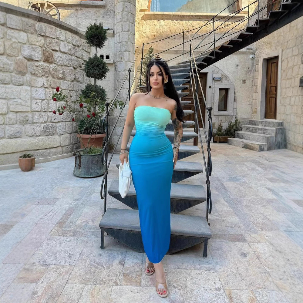 Women's Summer Sexy Tube Gradient Color Mid-length Dresses