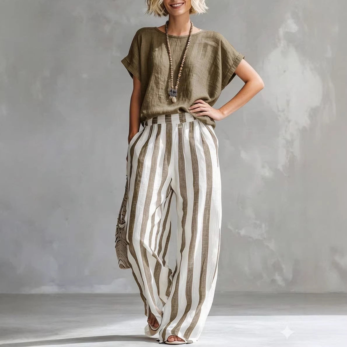 Women's Round Neck Straight Striped Trousers Fashion Casual Suit