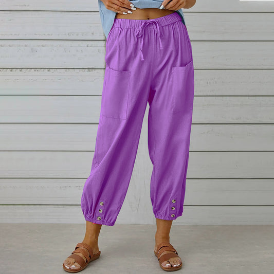 Women's Loose High Waist Button Cotton Linen Trousers Cropped Pants