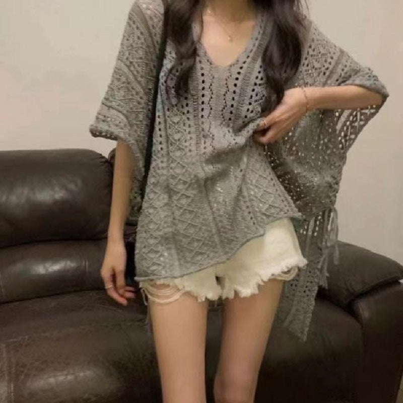 Women's Mid-length Batwing Sleeve Smock Tied Pure Desire Sexy Cutout Knitted Tops