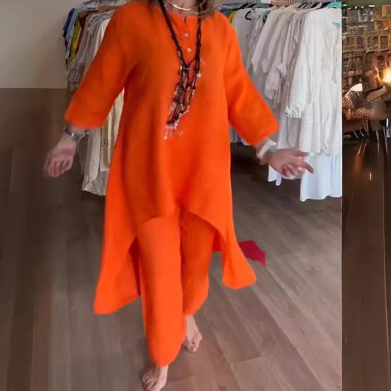 Women's Fashion Cotton Linen Casual Long Shirt Wide Suits