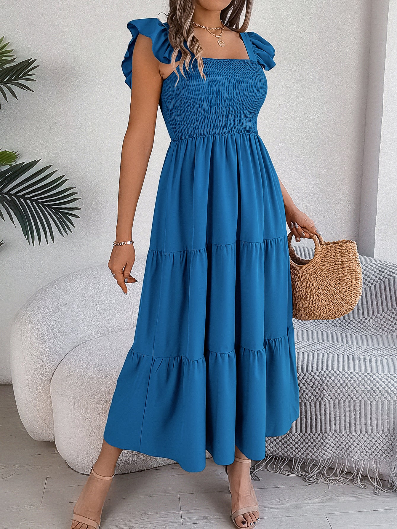 Women's Color Square Collar Wooden Ear Waist Dress
