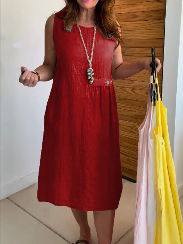Women's Summer Button Pocket Sleeveless Round Neck Cotton Dress