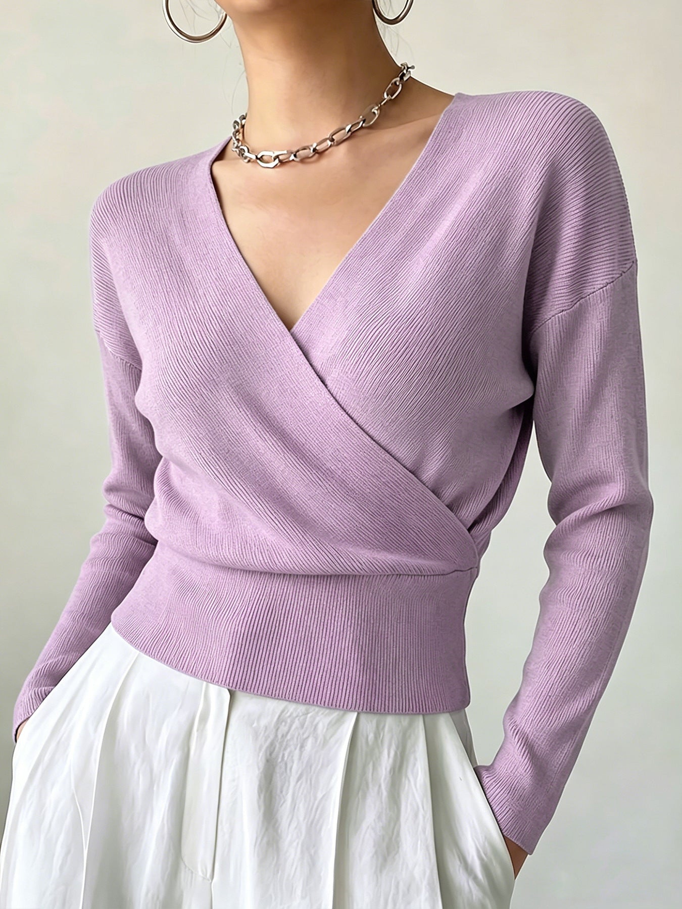Women's Solid Color Fashion Cross Collar Tight Waist Design Show Figure Sweaters