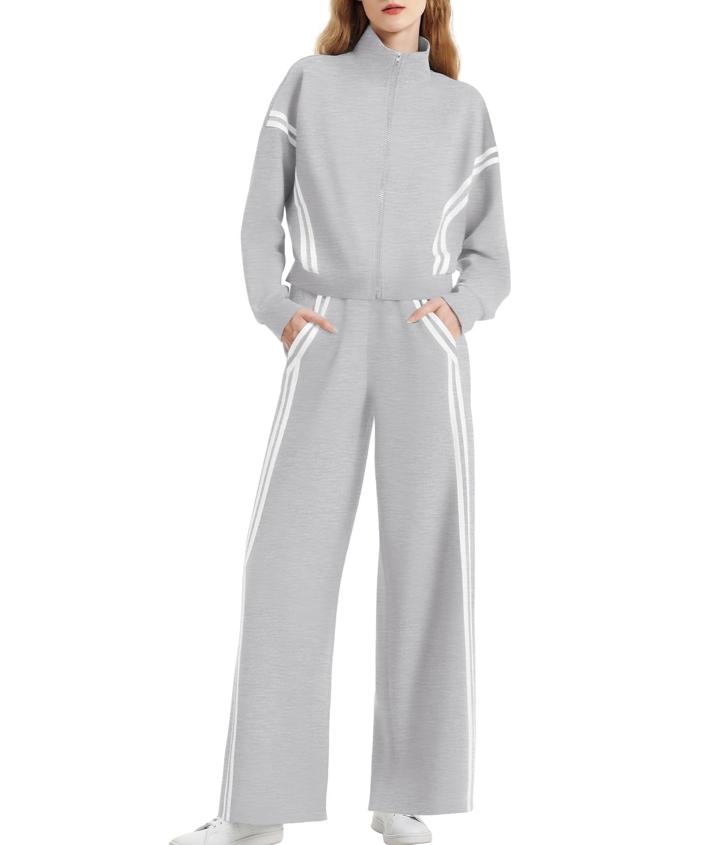 Wear Zipper Sports Contrast Color Striped Wide Leg Jogger Travel Fashion Casual Suit