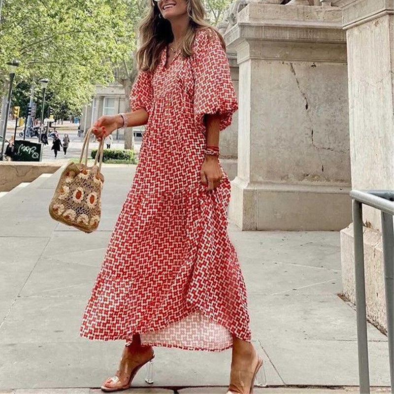 Women's Loose Bohemian Round Neck Lantern Sleeve Dress